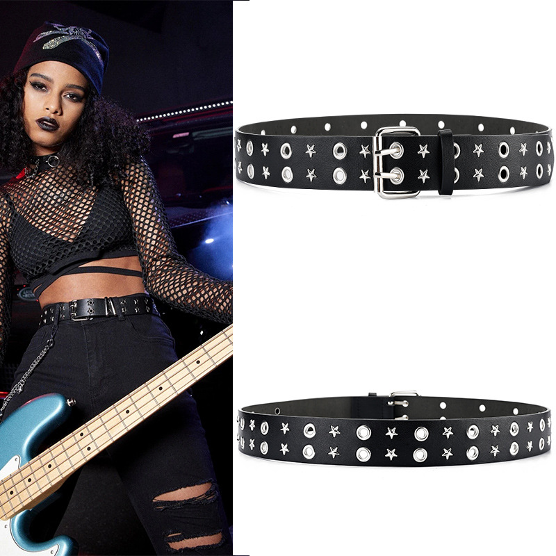 Pentagram Çift Sıralı Tokalı, Kadın Öğrenci Kemeri, Punk Hundred, Erkek Hava Gözü Perçin Kemeri_voghion.com