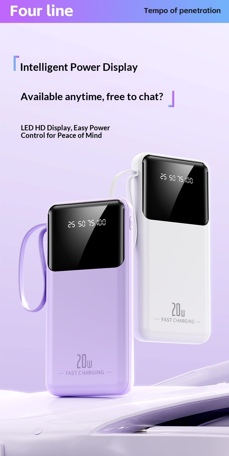 3C Certified Built-in Cable Large Capacity Bank 20000mAh Portable Fast Charging Mobile Power Supply Custom_voghion.com