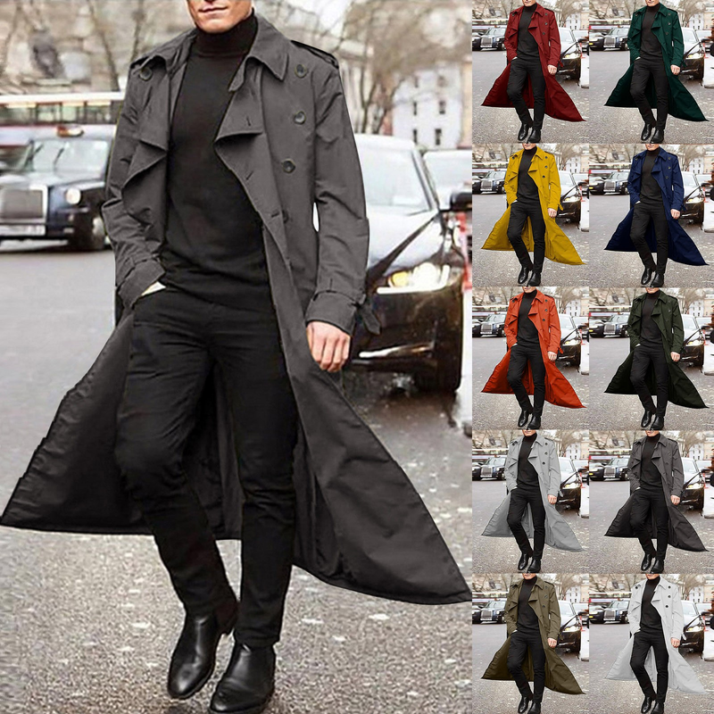Men's Long Trench Coat With Belt - Slim Fit Double Breasted Overcoat For Autumn - Casual Business Coat In Khaki, Green, Black, Orange & Yellow_voghion.com