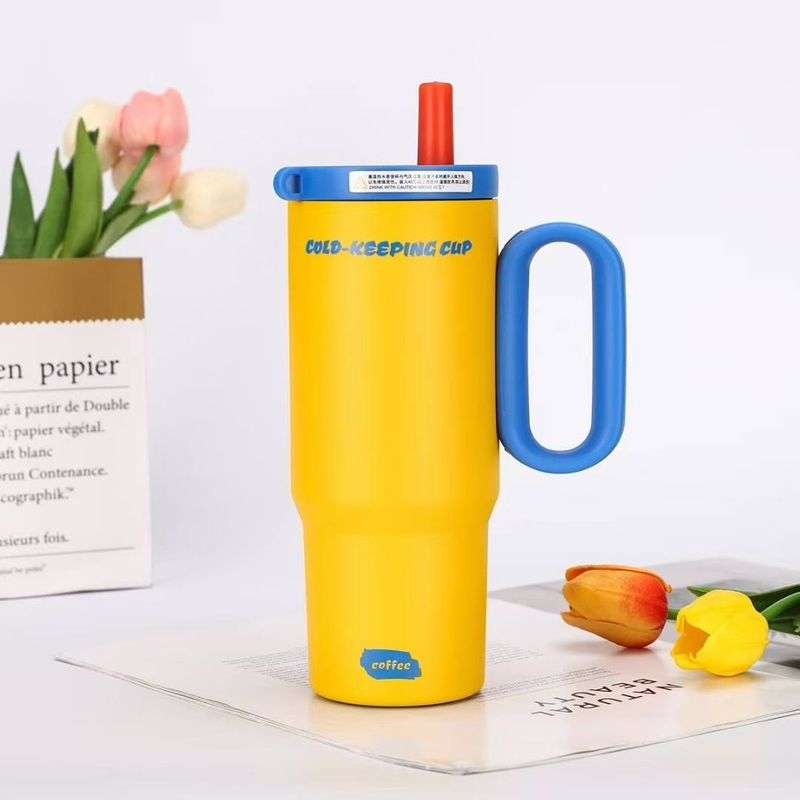 Becher mit Griffdeckel Stroh Edelstahl Wasserflasche Vakuum Thermosbecher Reise Auto Kaffeebecher 750ml_voghion.com