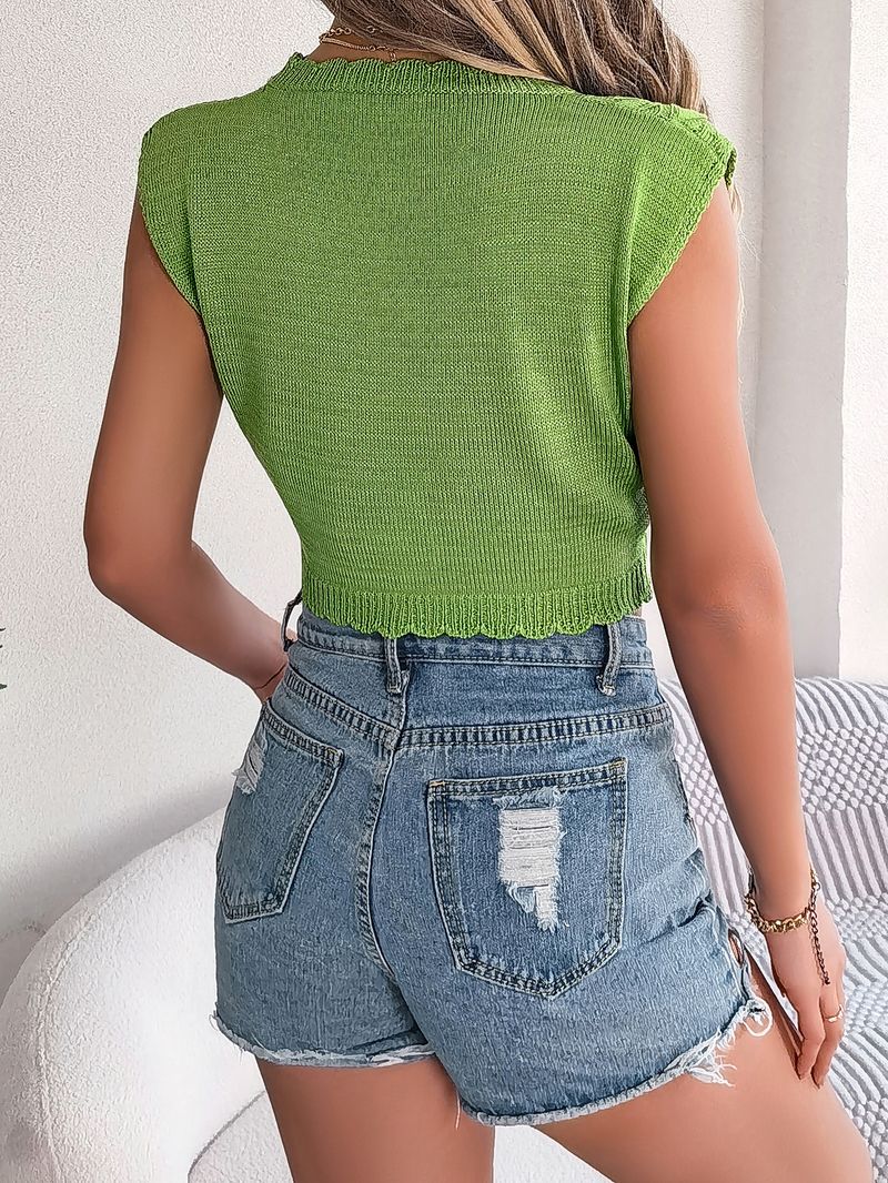 Top corto in maglia con motivo a foglie cave, stile Ins, per le vacanze, primavera estate, moda donna_voghion.com