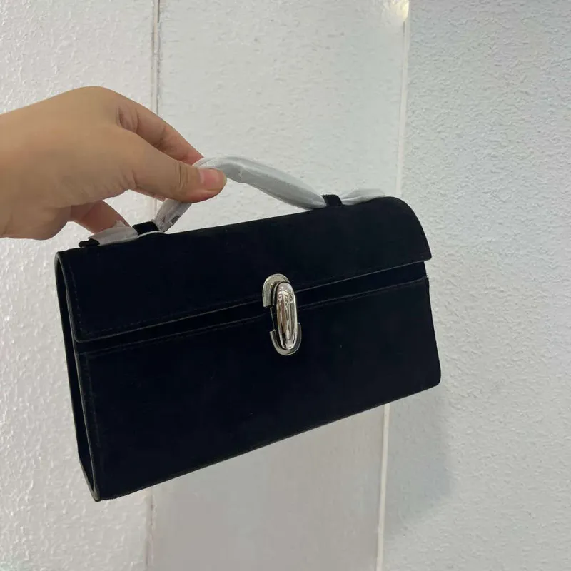First-Layer Cowhide Vintage Handbag 25 Women Niche Design Black Suede Flip Clutch Genuine Leather Handheld Small Square_voghion.com