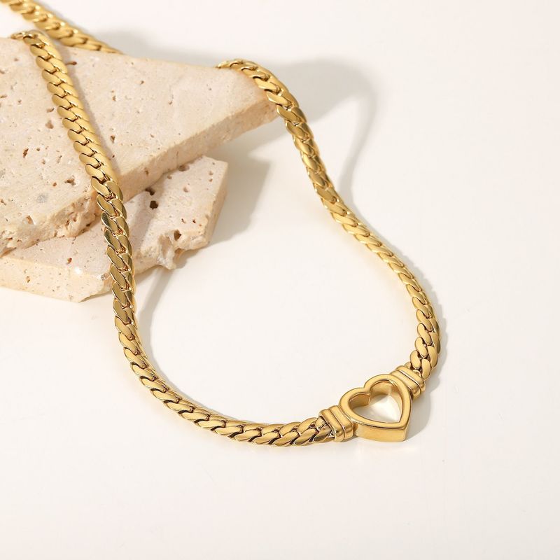 Stainless Titanium Steel Cuban Heart-shaped Gold-plated Hollow Flat Snake Chain Heart Pendant Necklace Bracelet Light_voghion.com