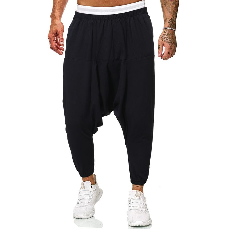 Man's Spring and Autumn fFashion Cotton and Linen Loose Cross-gear Pants Solid Color Beamed Feet Nine-point Pants_voghion.com