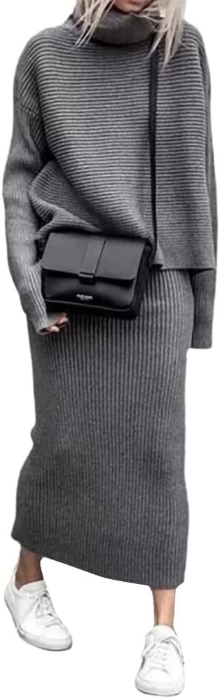 Pull à col roulé, couleur unie, mode décontractée, jupe tricotée, costume deux pièces_voghion.com