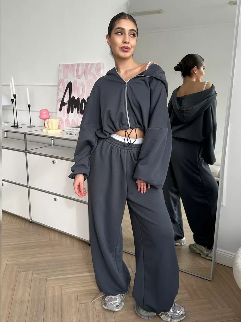Women's Casual Suit Solid Color Long Sleeved Zipper Cardigan Drawstring Hooded Sweatshirt Sports Elastic Pants Two-piece_voghion.com