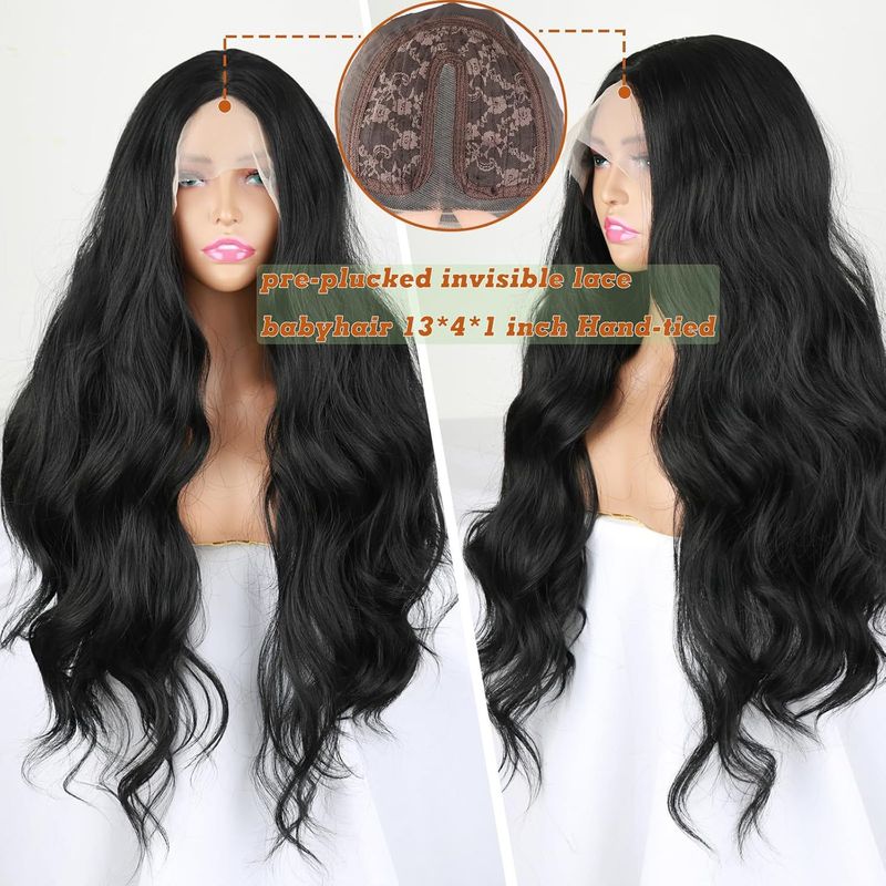Parrucca sintetica con clip 13*4T, frontale in pizzo, con grandi onde, capelli lunghi e ricci, in fibra sintetica._voghion.com