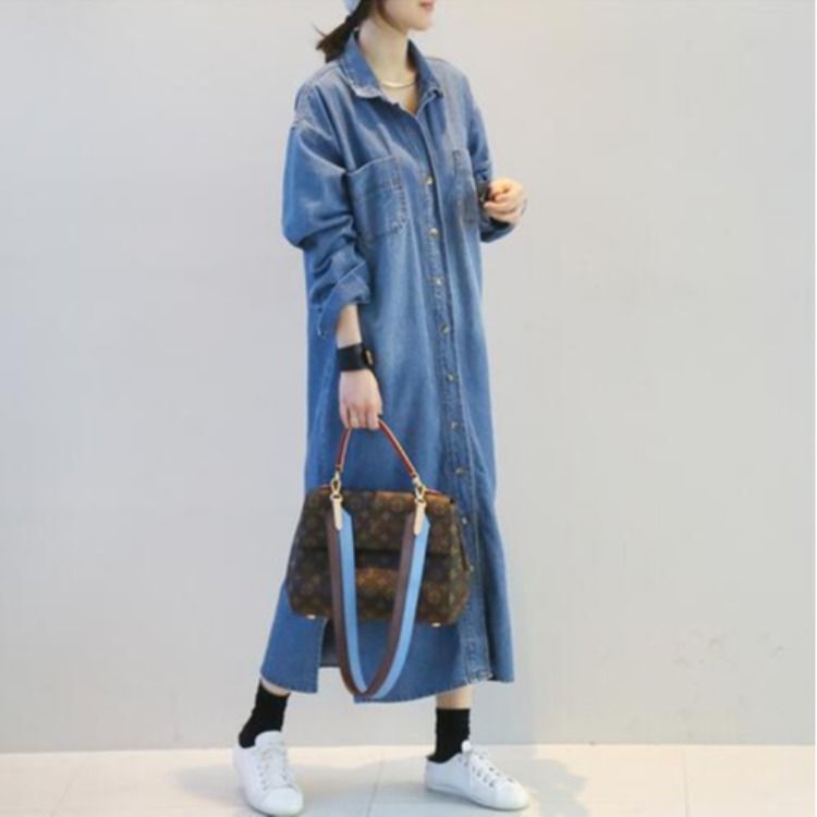 Fréijoer an Hierscht Neie Stil Denim Grouss Laang Split Loose Windbreaker Mantel Damenkleeder_voghion.com