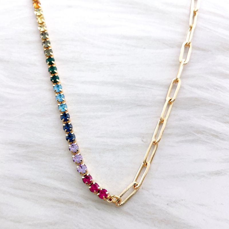 Colar colorido, corrente personalizada com strass, pingente curto com emenda, acessório versátil de metal para mulheres_voghion.com