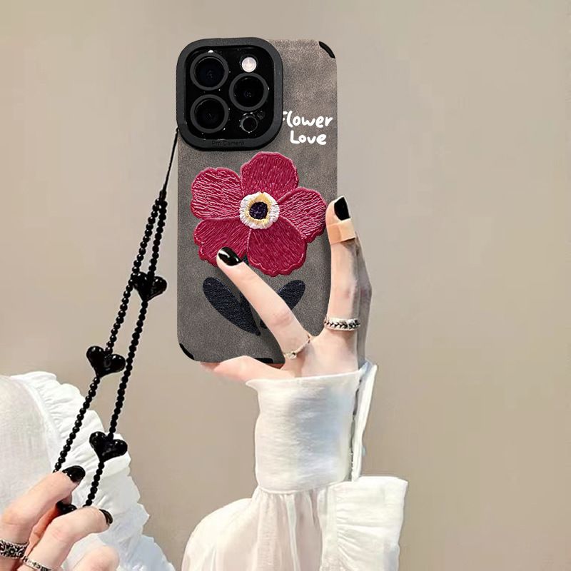 Custodia a catena con fiori rossi e pittura a olio per iPhone 16 Pro, 15/14 in silicone antiurto, 13 in pelle scamosciata, 12 al tatto_voghion.com