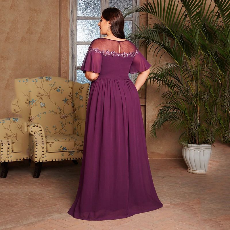 Elegantes Abendkleid in Übergröße für Hochzeit, Brautjungfer und Party – kurzärmliges Abendkleid mit funkelnden Pailletten_voghion.com