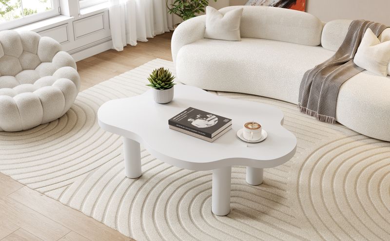 Wolken-Couchetisch, Table basse blanche moderne pour le salon, table d'appoint d'intérieur de dessin animé irrégulier, Beistelltisch à 3 pieds (blanc)_voghion.com