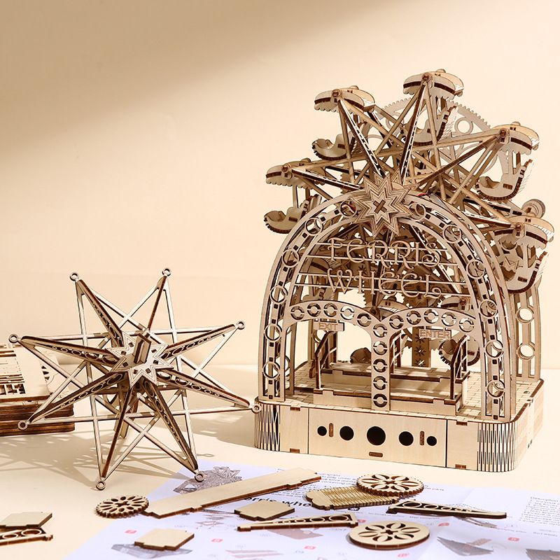 3D tredimensionellt träpussel handvevad pariserhjulsleksak, handgjorda DIY-prydnadspussel för barn födelsedagspresent_voghion.com