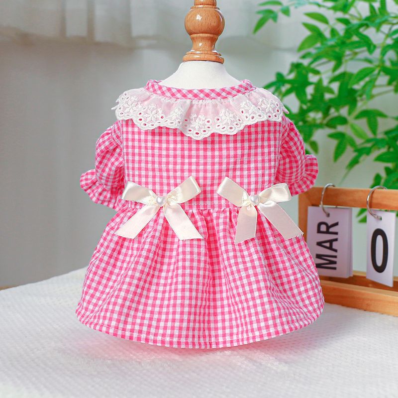 Pet Circle Dog Clothing Cat Clothes Bowknot Lace Collar Edge Black And White Plaid Princess Heart Pearl Dress_voghion.com