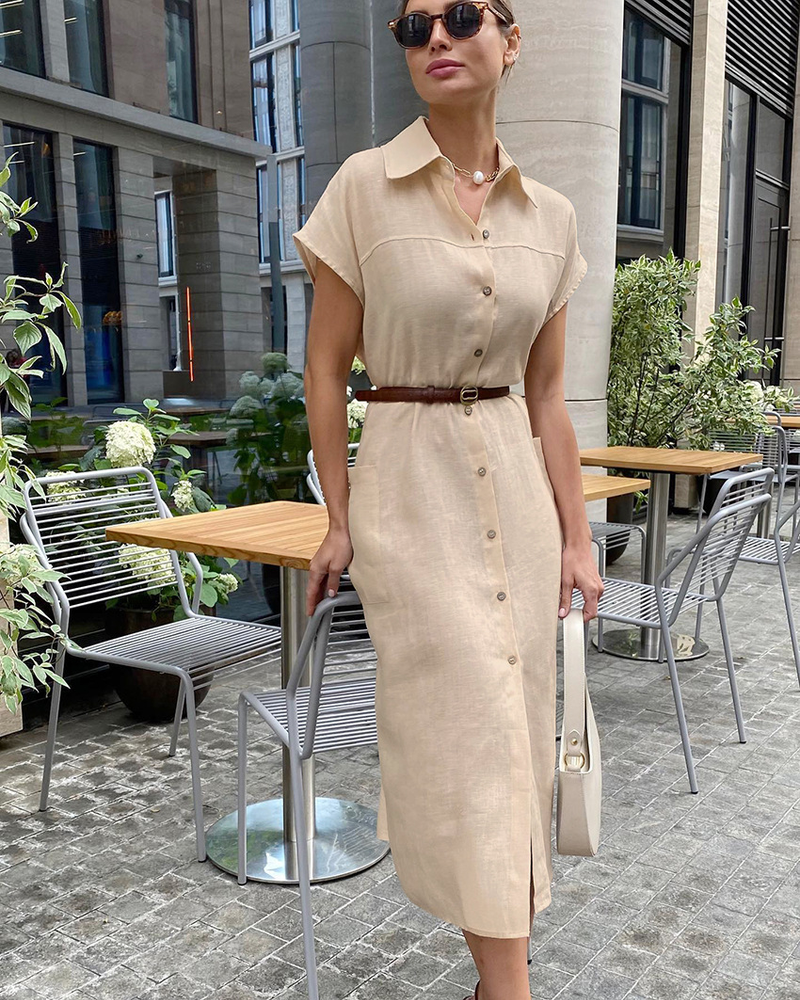 Abito a maniche corte in cotone e lino per le vacanze pendolari, elegante abito a camicia con gonna lunga_voghion.com