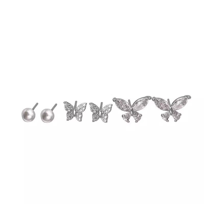 Set di orecchini a bottone in argento con perle e zirconi a forma di farfalla per donna, gioielli leggeri e di lusso di alta gamma_voghion.com