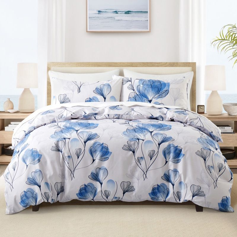 Blue Floral Duvet Cover Set - 3-Piece Luxury Bedding Set, Soft & Breathable Cotton, Elegant Garden Design For Modern Bedrooms (Queen/King Size)_voghion.com