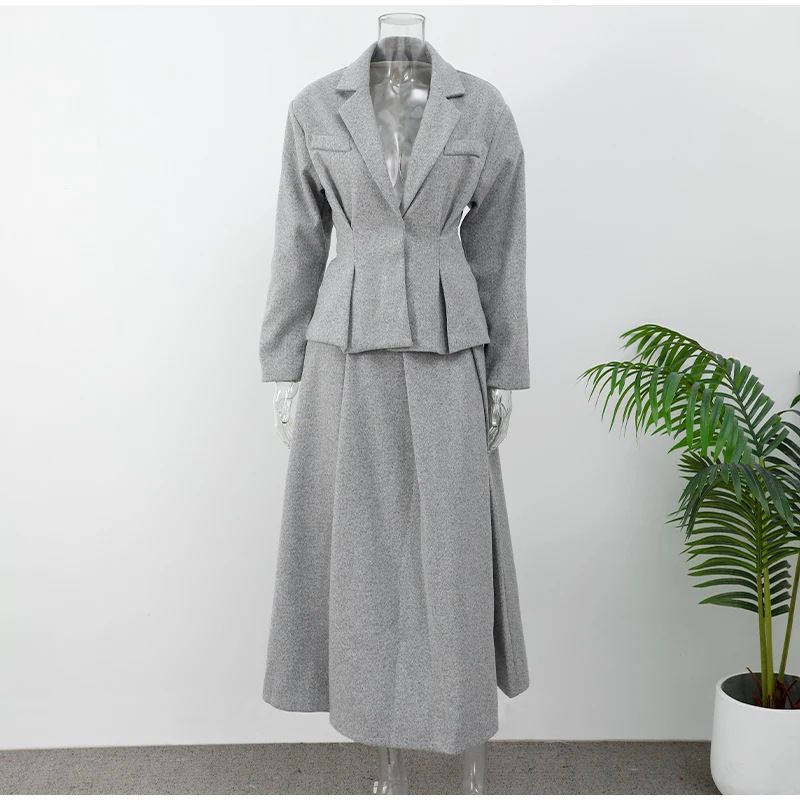 Roupas femininas cintura abraçando pequeno terno uma linha saia longa terno de duas peças_voghion.com