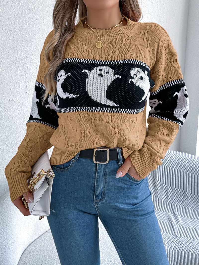 Herfst- en winter Halloween-thema Spook Contrasterende kleur Lange mouw Trui Dameskleding_voghion.com