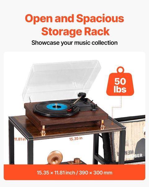 Platine vinyle à 3 niveaux avec éclairage LED et ports USB Étagère en métal noir_voghion.com