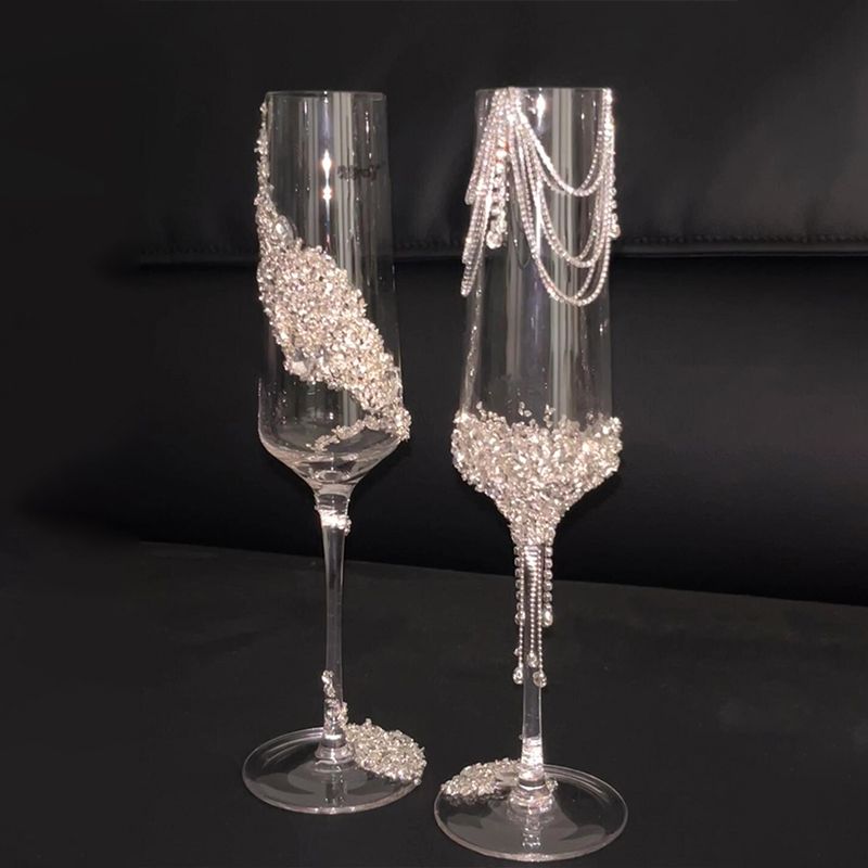 Pair Champagne Handmade Material Kit Engagement Wedding Toast Glasses Gift_voghion.com