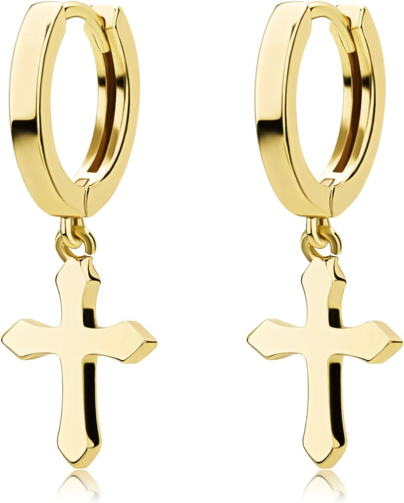 Orecchini pendenti a forma di croce, placcati in oro 14 carati, con zirconi cubici 5A+, in argento sterling ipoallergenico, per uomo e donna_voghion.com