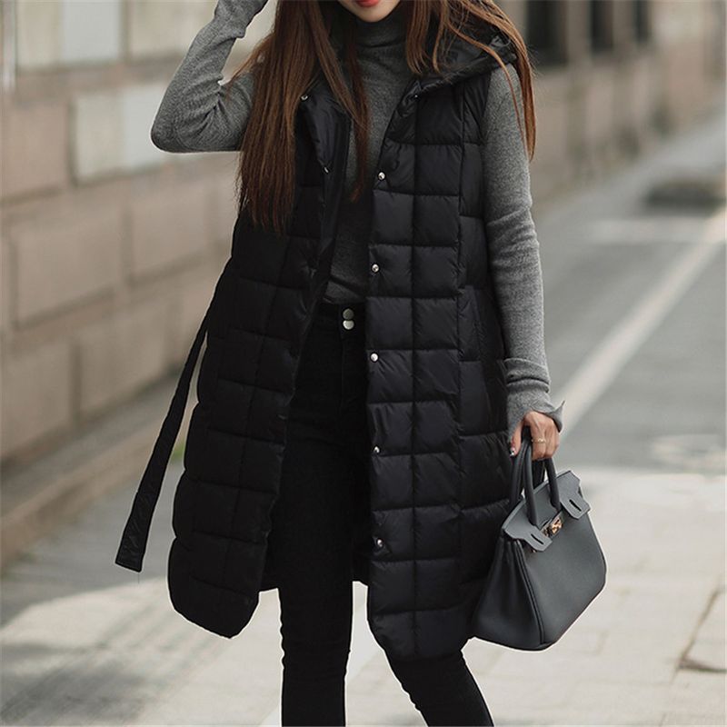 abbigliamento femminile gilet cardigan in cotone di media lunghezza con cappuccio da donna_voghion.com