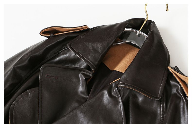 Women's Clothing Spliced Leather Trench Coat Women's Long Style Temperament Over Knee Lace up Waist Khaki Color Splicing Temperament 1396_voghion.com