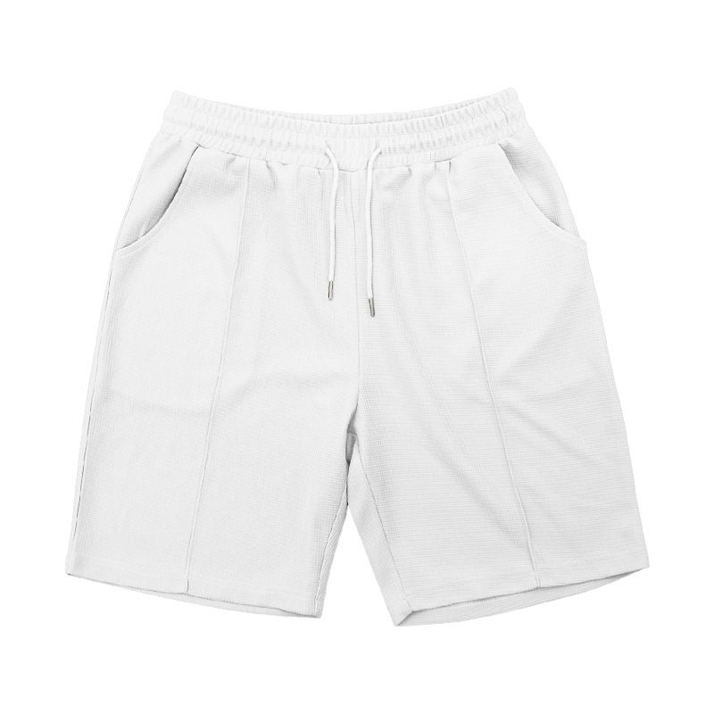 American Style Summer Men's Loose Fit INS Simple Waffle Round Neck Short Sleeve Shorts Two-Piece Set_voghion.com