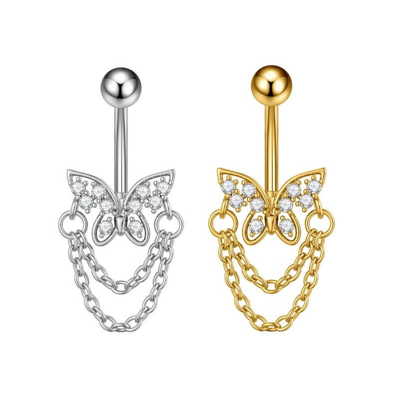Piercing per ombelico da donna in acciaio inossidabile con zircone, catena a farfalla, occhio di cavallo, fiore a cinque foglie, fibbia per ombelico_voghion.com