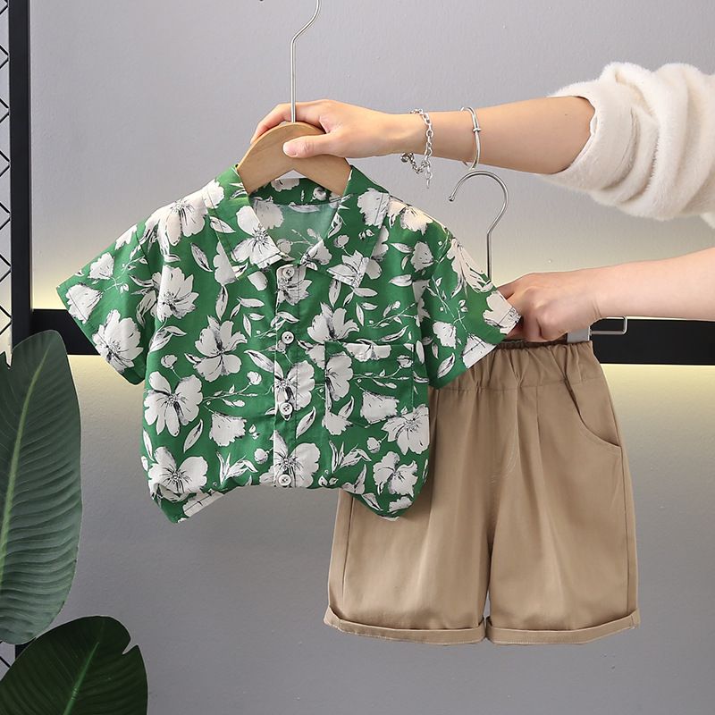2024 sommer Neue Jungen Blume Hemd Flip Kragen Kurzarm Baby Casual Shorts Zwei Stück Set_voghion.com