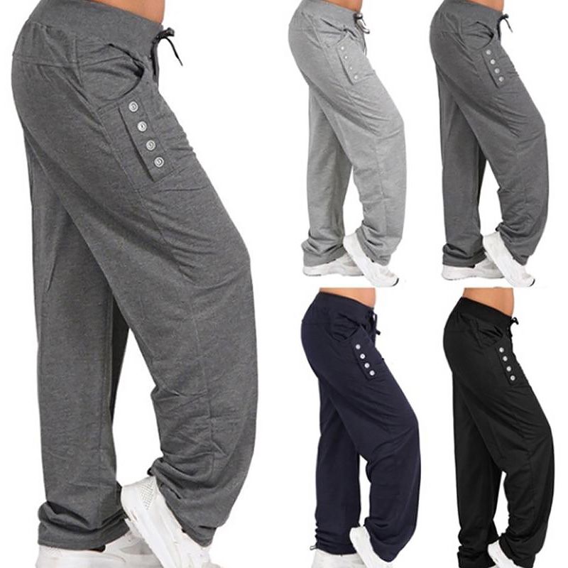 Pantalones deportivos de talla grande para mujer, de color sólido, con cordón, largos, informales, holgados, con cintura elástica, pantalones activos, pierna ancha_voghion.com