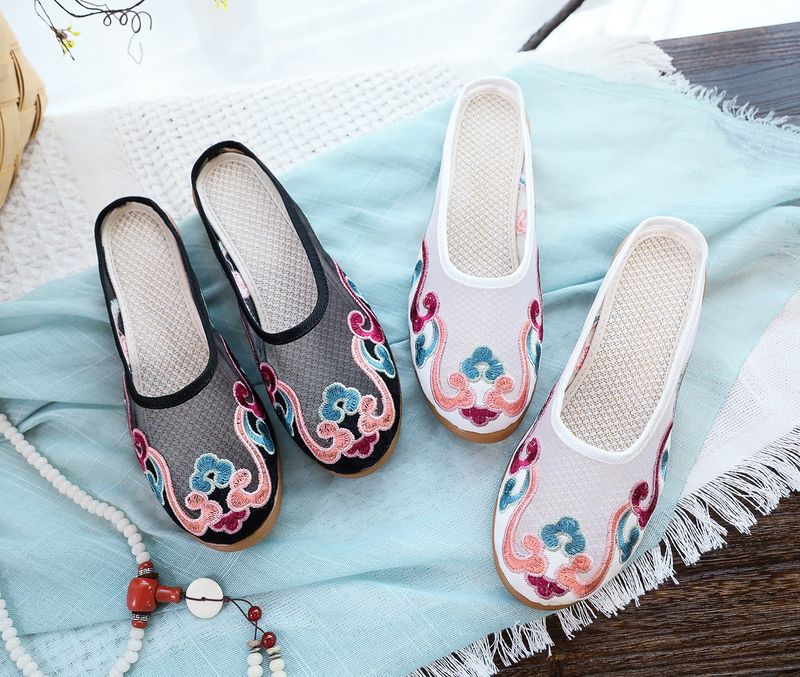 Slippers, Mesh Embroidered Fabric Shoes, Summer Cow Tendon Soles, Casual Women's Outerwear Sandals_voghion.com