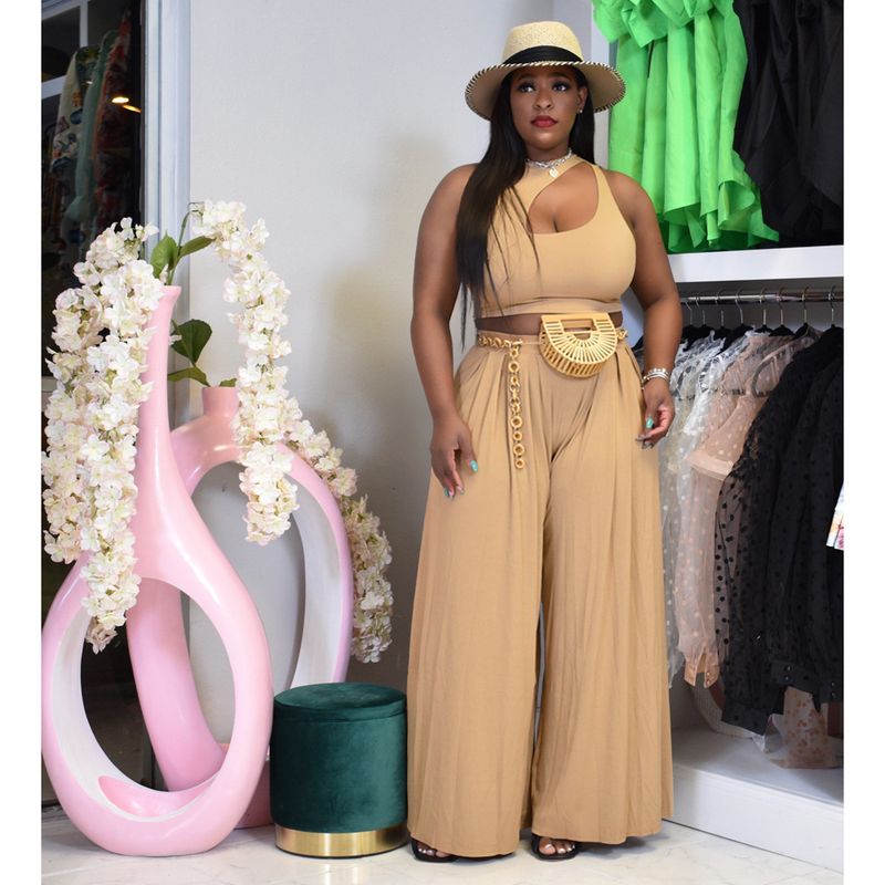 plus size women's sexy vest wide leg two-piece set solid color casual suit_voghion.com