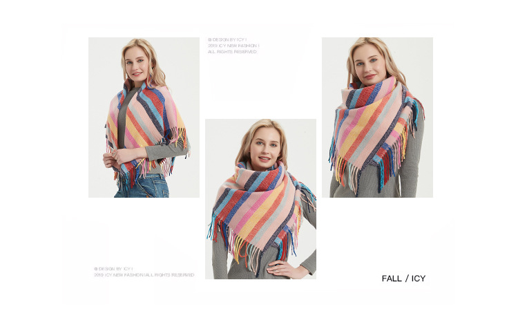 2022 New Loop Yarn Striped Plaid Polyester Long Tassel Wool Square Scarf Women's Shawl_voghion.com
