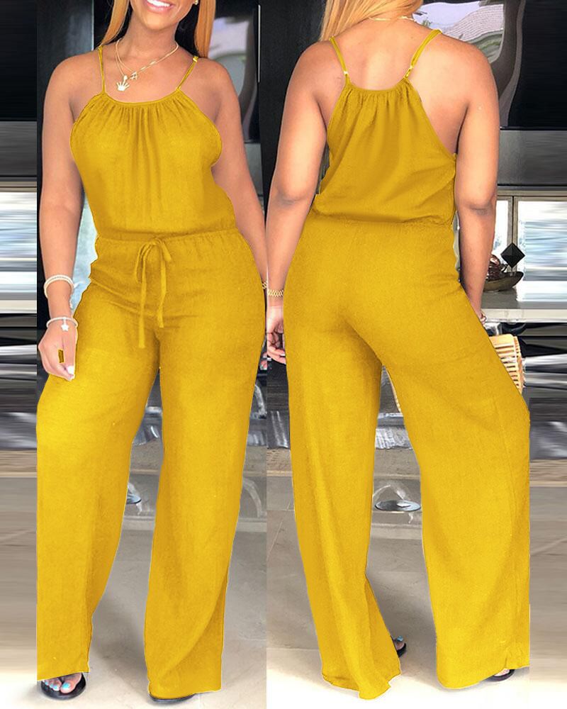Women's Clothing Sleeveless Solid Color Cotton And Linen Drawstring Casual Jumpsuit_voghion.com