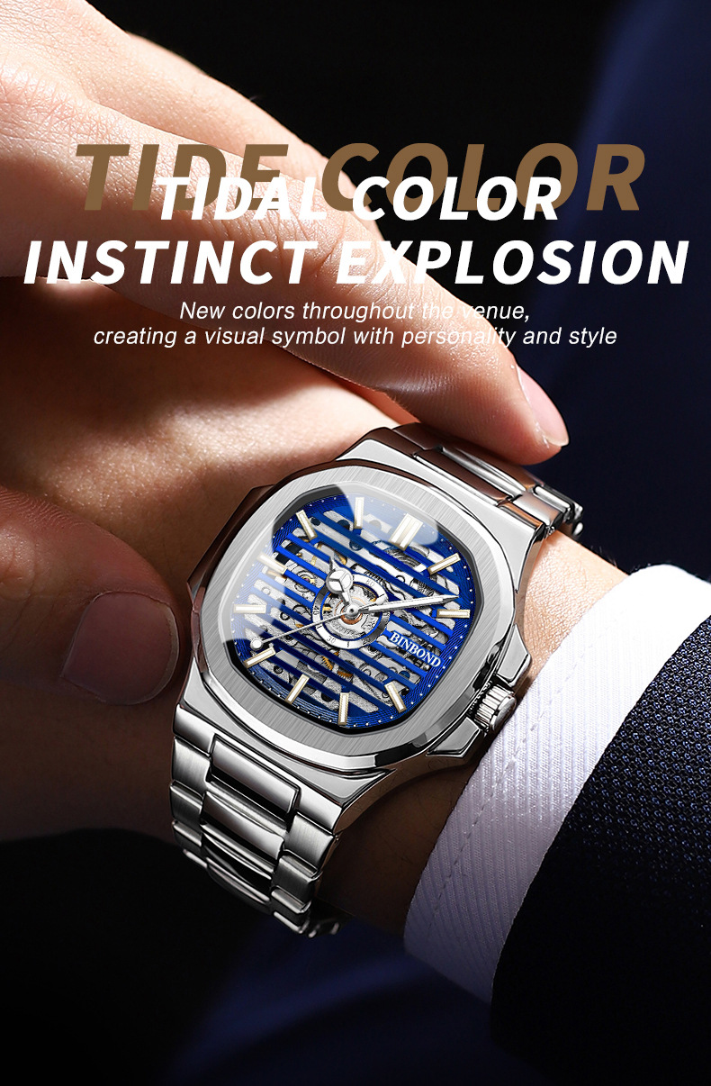 Montre homme d'affaires avec bracelet en acier inoxydable, aiguilles lumineuses, cadran squelette, mouvement automatique, étanche._voghion.com