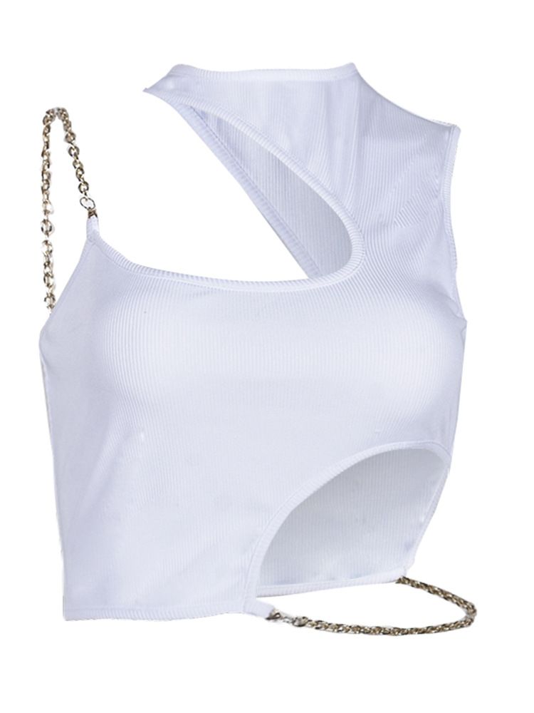 2023 Women's New Solid Color Sexy Hollow Metal Chain One Shoulder Open Navel Top 9243TD_voghion.com
