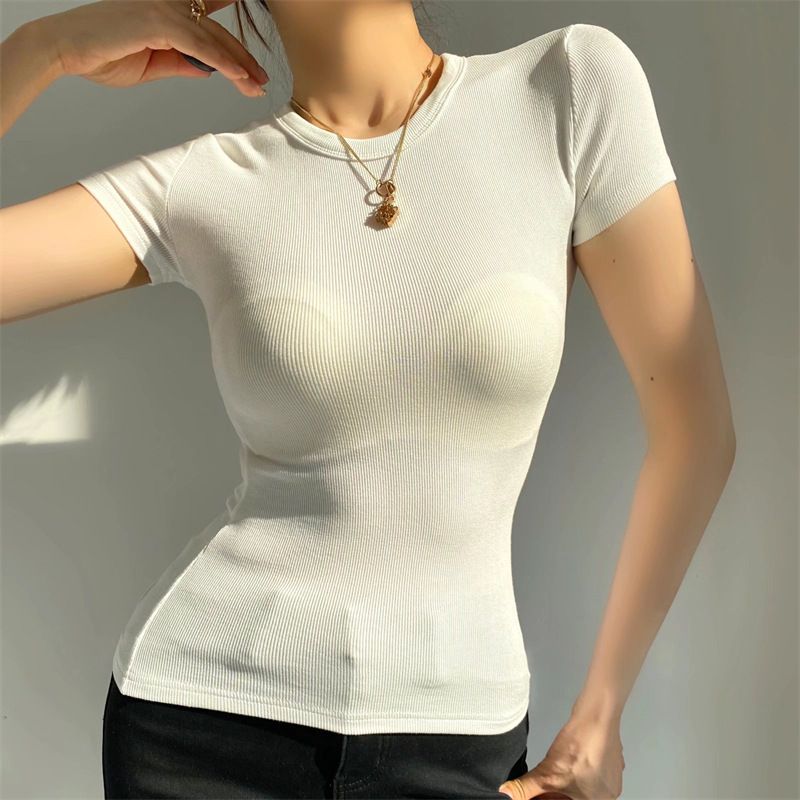 Summer New European And American Women's Clothing Elastic Thread Solid Color T Shirt Basic Short Sleeved Large Round Neck Long Top_voghion.com