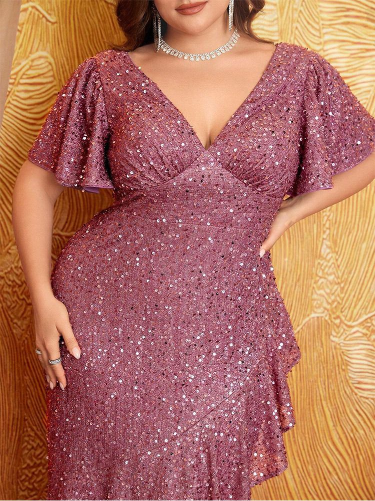 Damenbekleidung Elegantes Pailletten-Abendkleid – Glamouröses Meerjungfrauen-Partykleid mit V-Ausschnitt für Damen (Übergröße erhältlich)_voghion.com