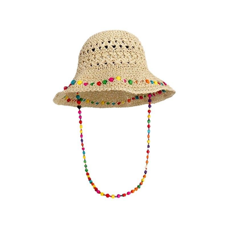summer Colorful Wooden Bead Straw Hat With Openwork Large Brim, Foldable For Shade._voghion.com