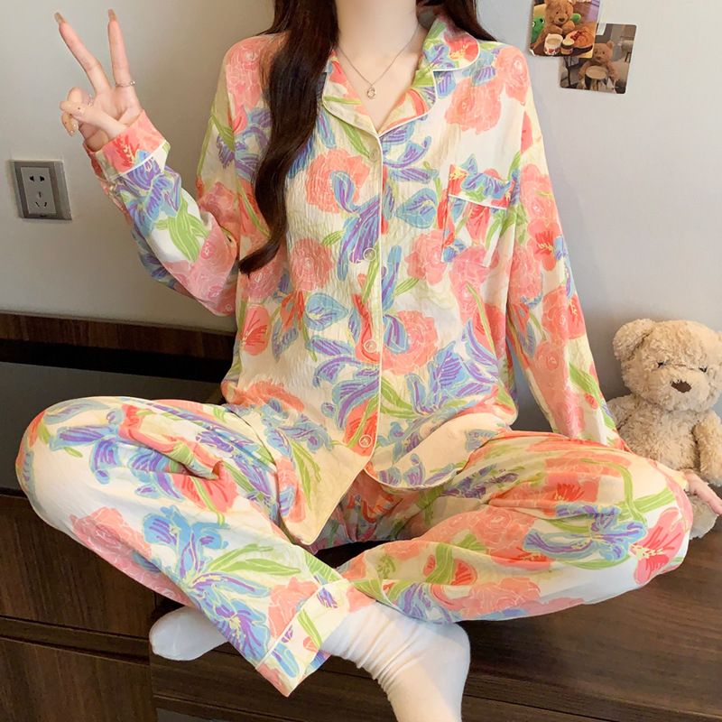 Spring And Autumn Oil Painting Flower Pajamas Women's New Long-sleeved Loungewear Set_voghion.com