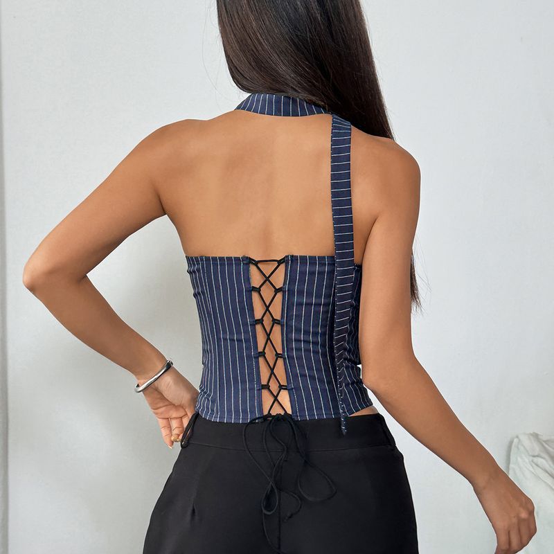 2025 Summer New Product Office Commuter Style Striped Splicing Lace Thin Backless Tube Top_voghion.com