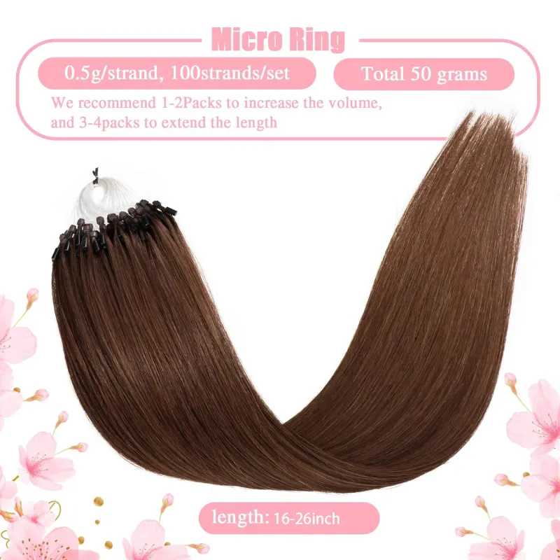 Mittelbraune, glatte Micro-Loop-Haarverlängerung mit Stockspitze, weich und seidig, 50 g, 40,6–66 cm, für Frauen, Farbe 4 2_voghion.com