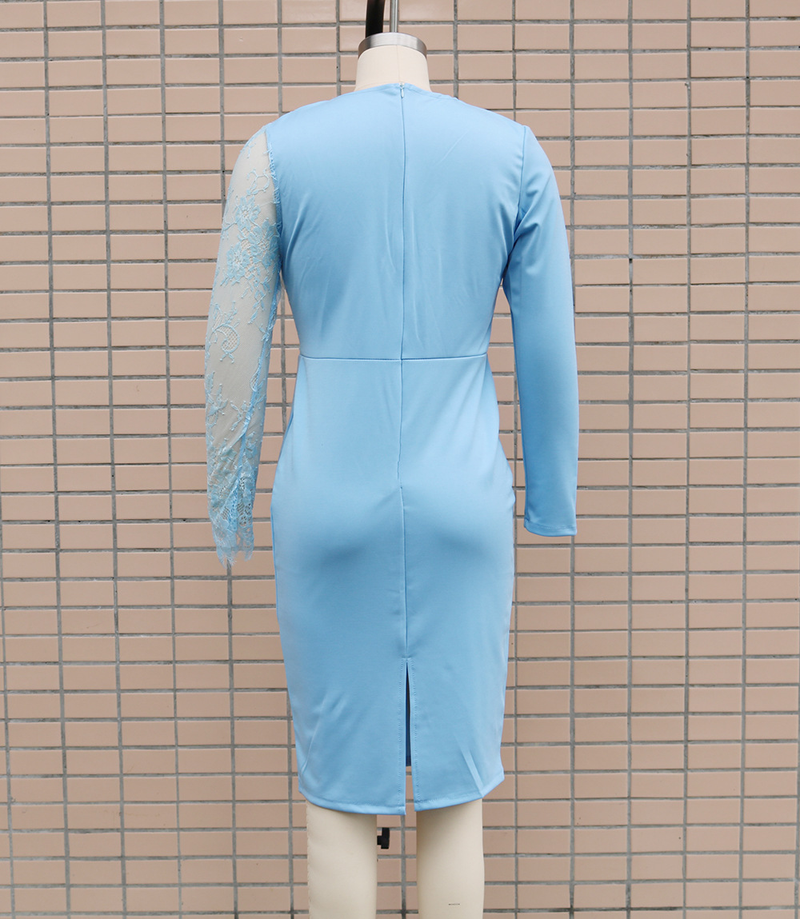 Women's Deep V Neck Long Sleeve Lace Patchwork Slim Fit Hip Wrap Dress_voghion.com