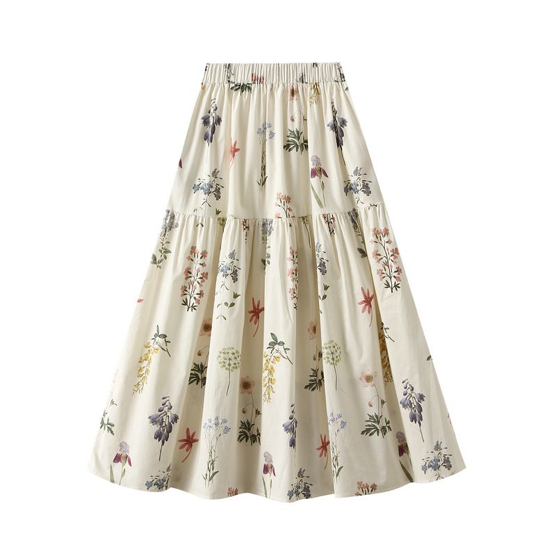 Gonna midi a vita alta con drappeggio floreale per donna; gonna a trapezio; abito lungo._voghion.com