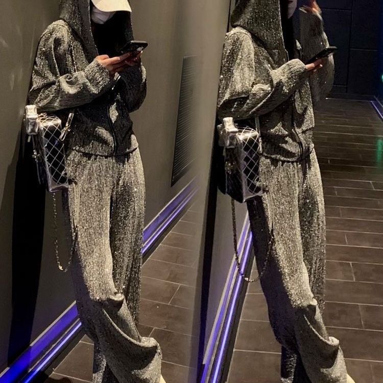 001 Modischer, hochwertiger Sportanzug für Damen, Frühling/Herbst, lässiges, locker sitzendes, figurformendes Kapuzensweatshirt mit Strasssteinen und langem Oberteil_voghion.com