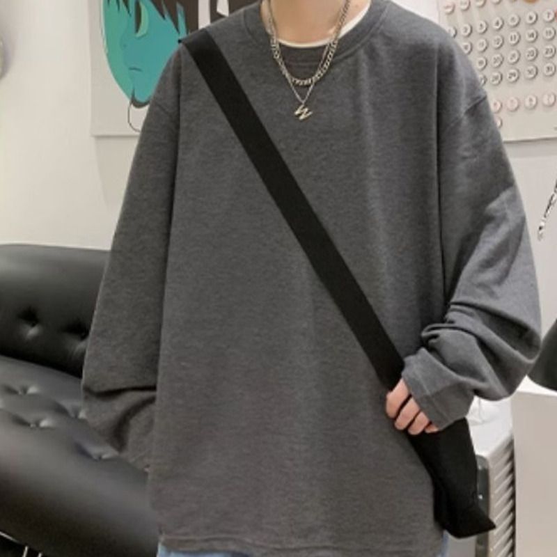 Maglietta a maniche lunghe da uomo 2025 autunno inverno in puro cotone, vestibilità ampia, strato interno spesso, maglietta di base_voghion.com