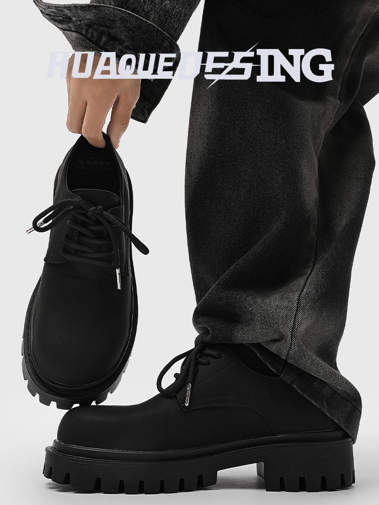 Derby Men's Thick Bottom 5cm Lace-up Round Matte Frosted Small Leather Cleanfit Increased By Big Head Shoes_voghion.com