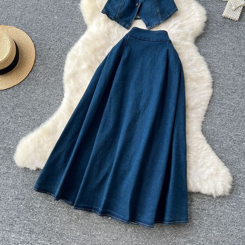 Dameklær Aldersreduserende dress for kvinner Plisset midje Lapel Ermeløs denim topp Høy midje skjørt_voghion.com